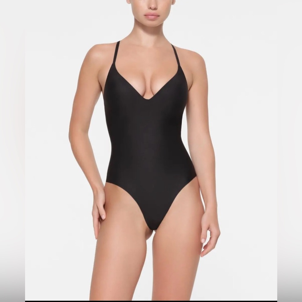 SKIMS Black Sculpting V-Neck Low-Back Bodysuit